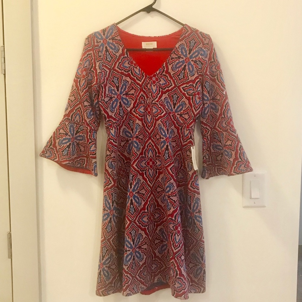 Anthropologie Maeve Red Pattern Bell Sleeve Dress